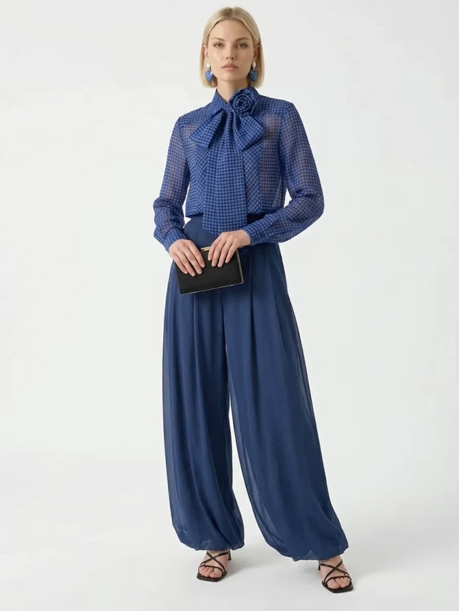 Блузка из органзы в клетку OD-984-1 фиолетовый с черным