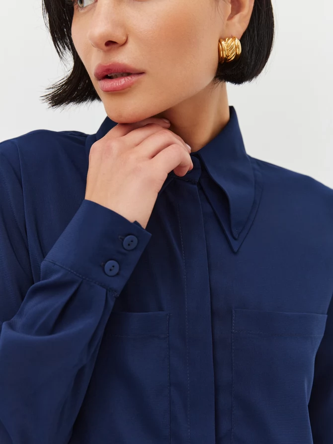 Блузка из шифона с двойным воротником OD-805-2 т. синий