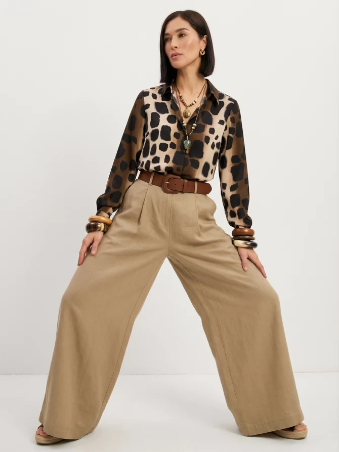 Блузка из атласной ткани OD-887-5 леопард коричневый с хаки