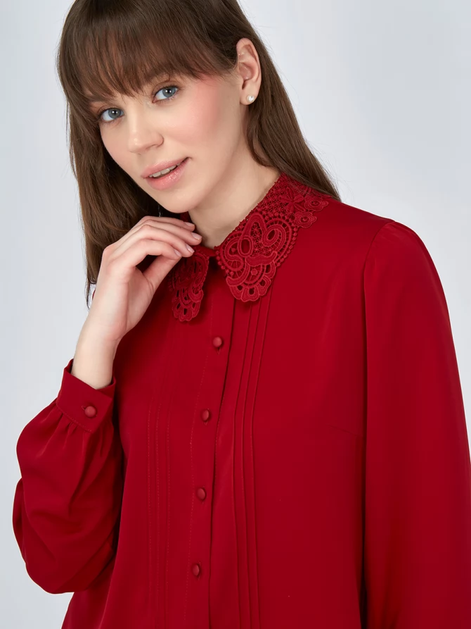 Блузка с воротником из кружева и защипами OD-913-3 бордовый
