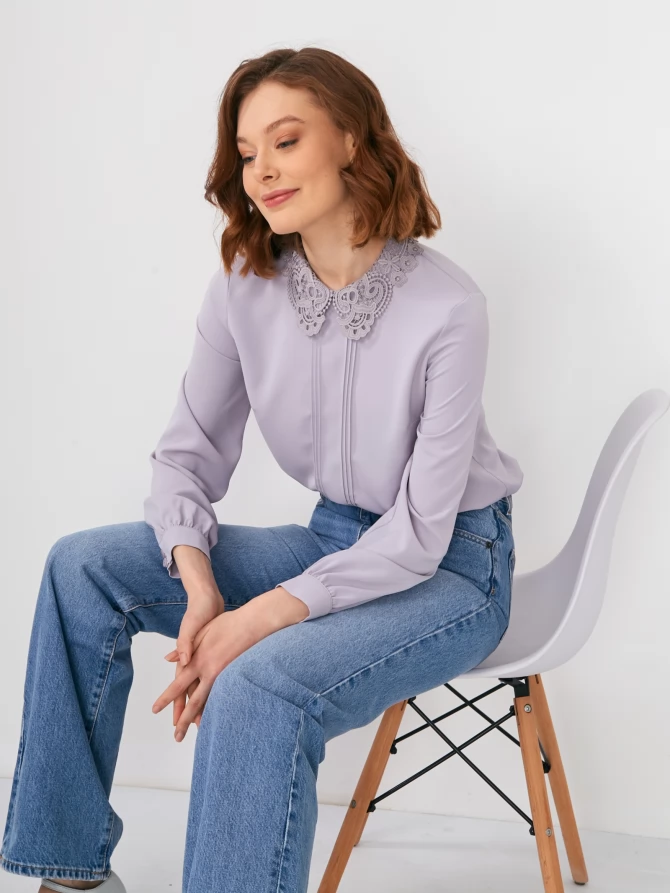 Блузка с кружевным воротником OD-861-4 светло-сиреневая