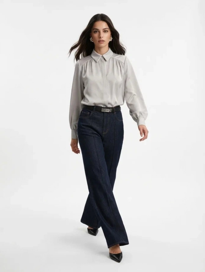 Блузка со сборкой и съемной пуговицей OD-971-2 серо-коричневый