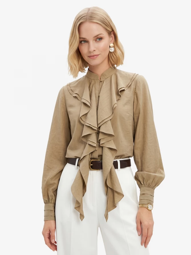 Блузкас отлетными рюшами OD-914-2 хаки