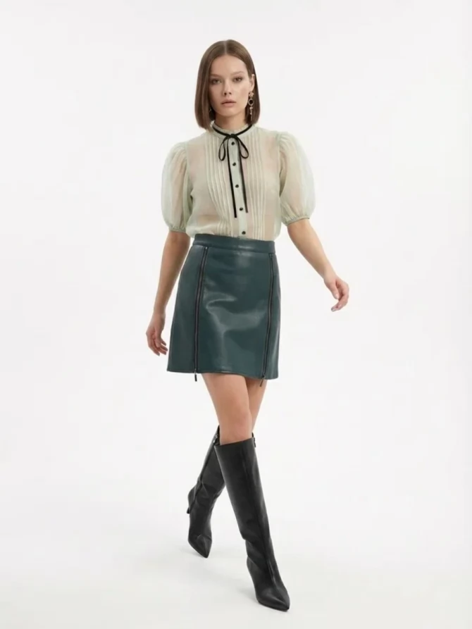 Юбка короткая из эко-кожи с молниями OD-1004-2 зеленый