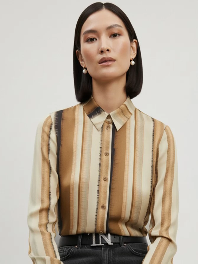 Блузка из атласной ткани OD-887-6 коричневый с серой полосой