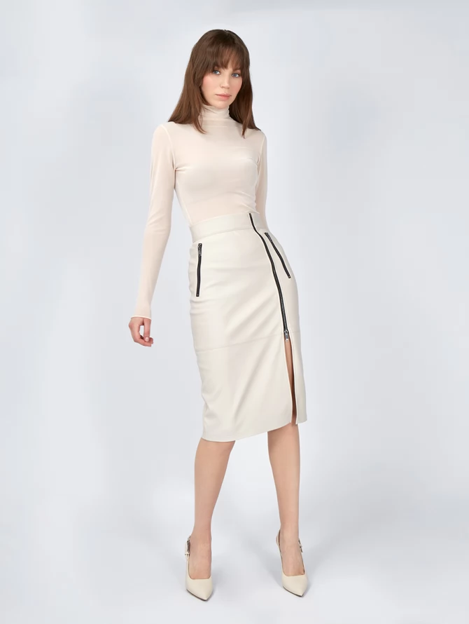 Юбка из эко-кожи с 3-мя молниями OD-863-2 бежевый