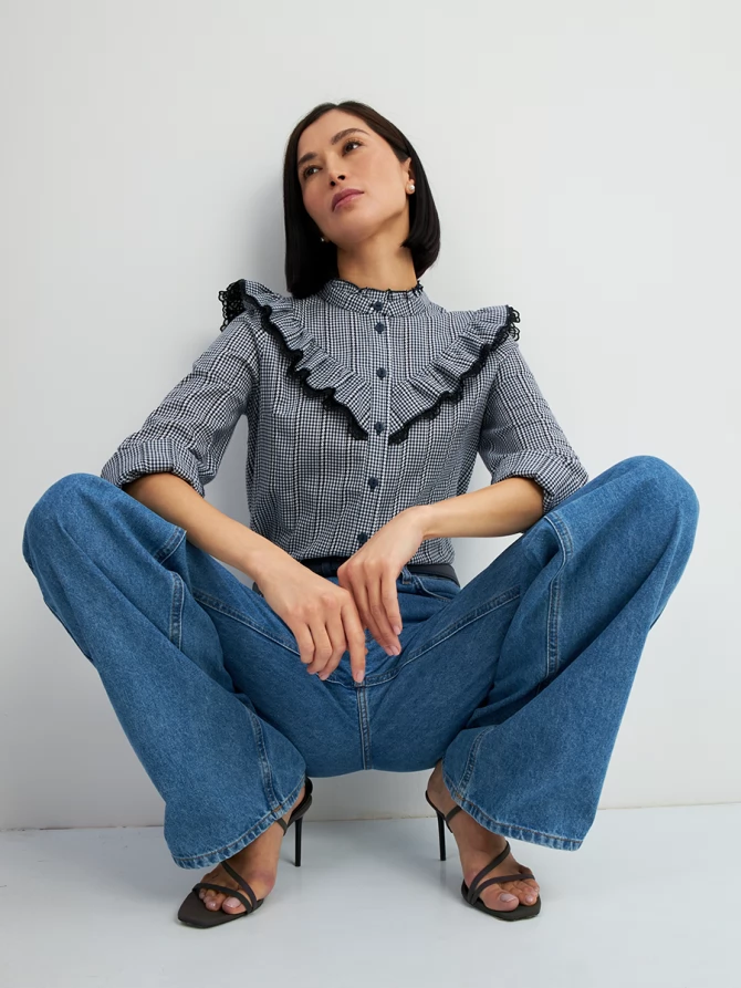 Блузка из хлопка с кружевом OD-896-2 сине- белая мелкая клетка