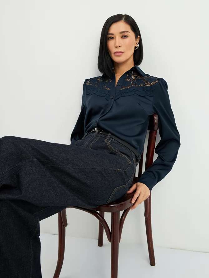 Блузка с кружевом на полочке OD-892-2 т.синий