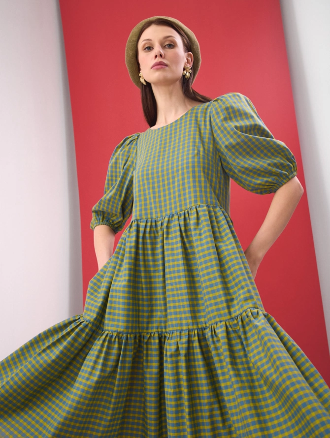 Платье хлопковое в клетку с рукавами-буфами