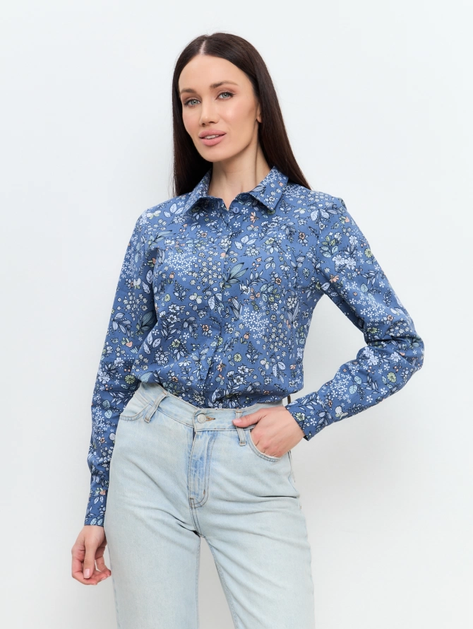 Блузка классическая с контрастной стойкой OD-737-13 джинс