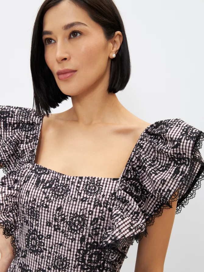 Платье из хлопка с кружевом OD-945-1, клетка ч/б с напылением