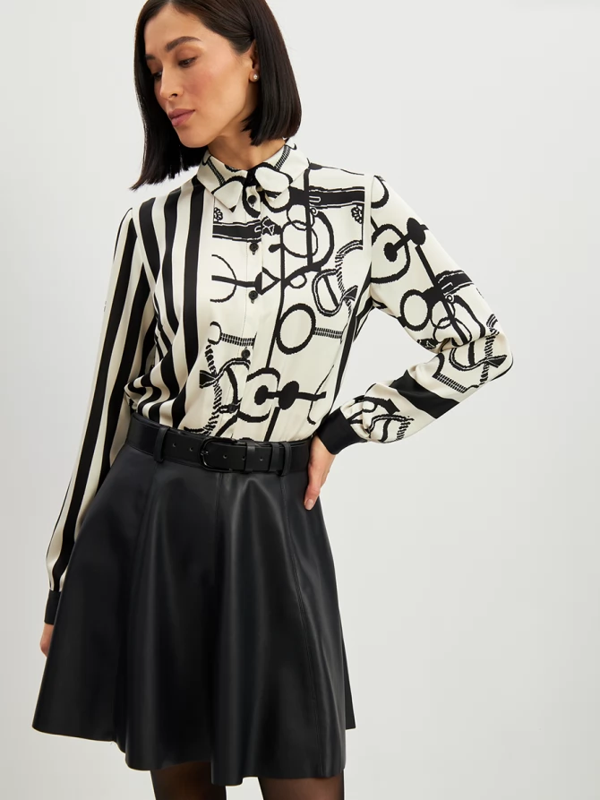 Блузка из атласной ткани  OD-887-1 черно-белая