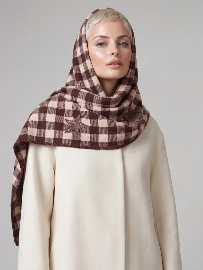 Палантин женский теплый мягкий клетчатый двусторонний