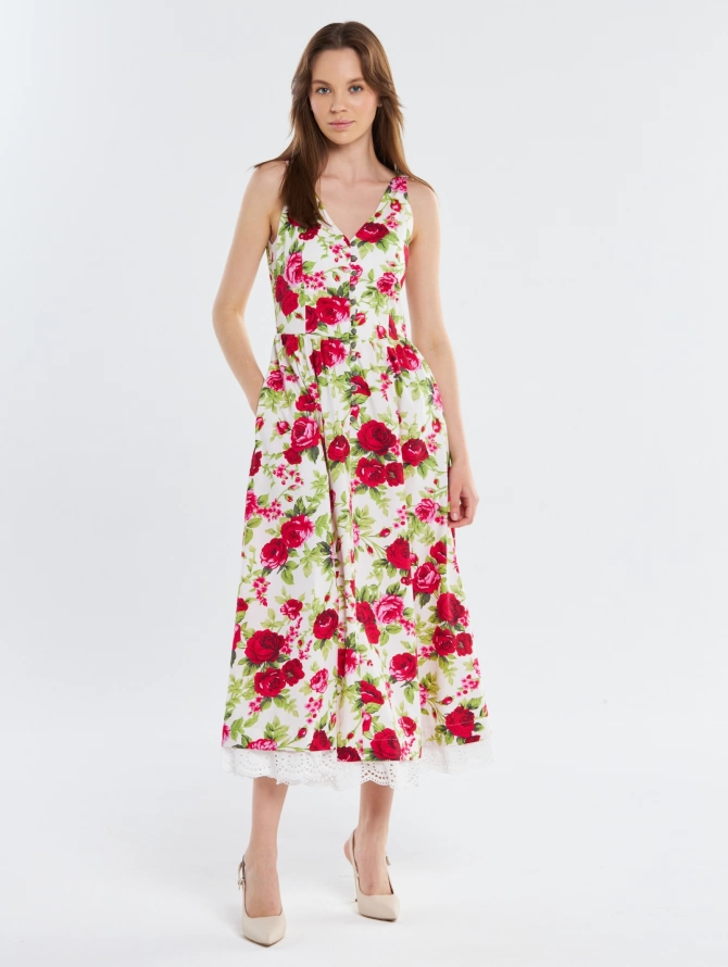 Платье из хлопка с кружевом OD-925-1, цветы на белом