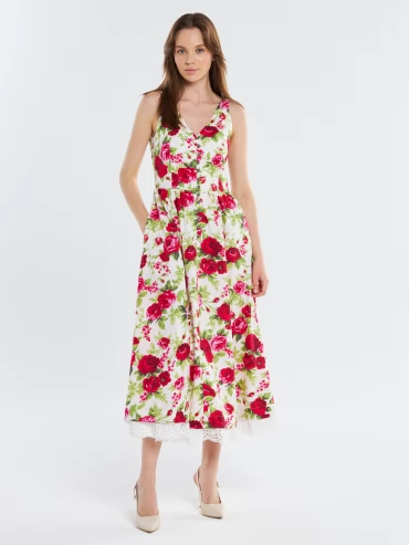 Платье из хлопка с кружевом OD-925-1 цветы на белом