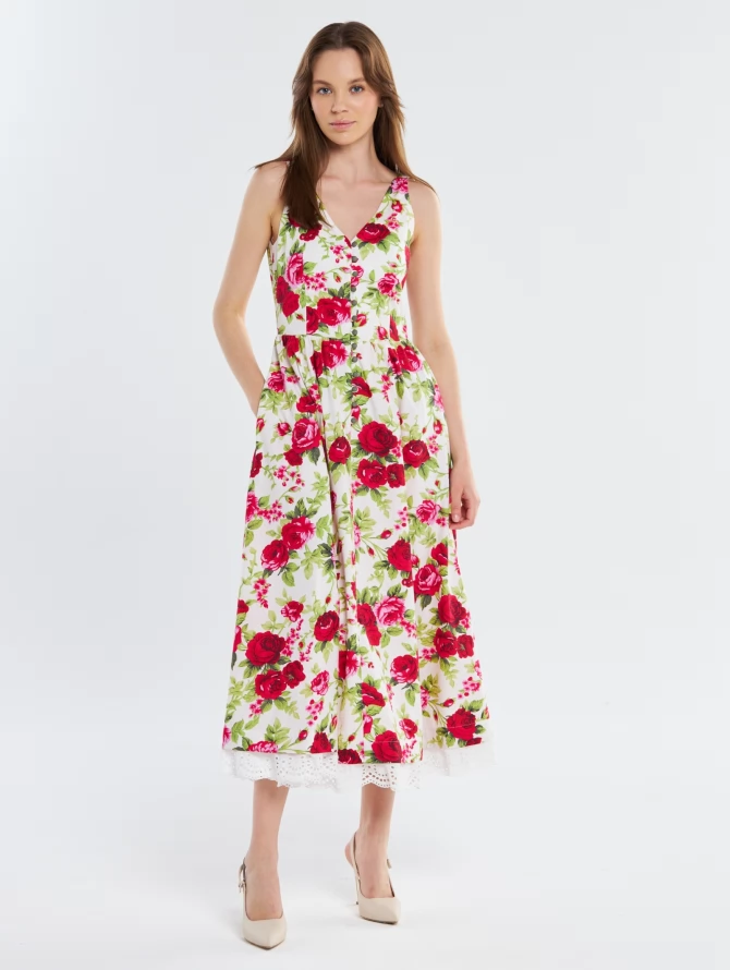 Платье из хлопка с кружевом OD-925-1 цветы на белом