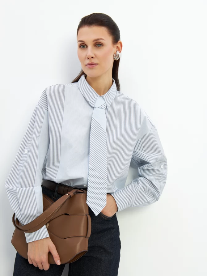 Рубашка полоса с галстуком OD-918-2 серо-голубая