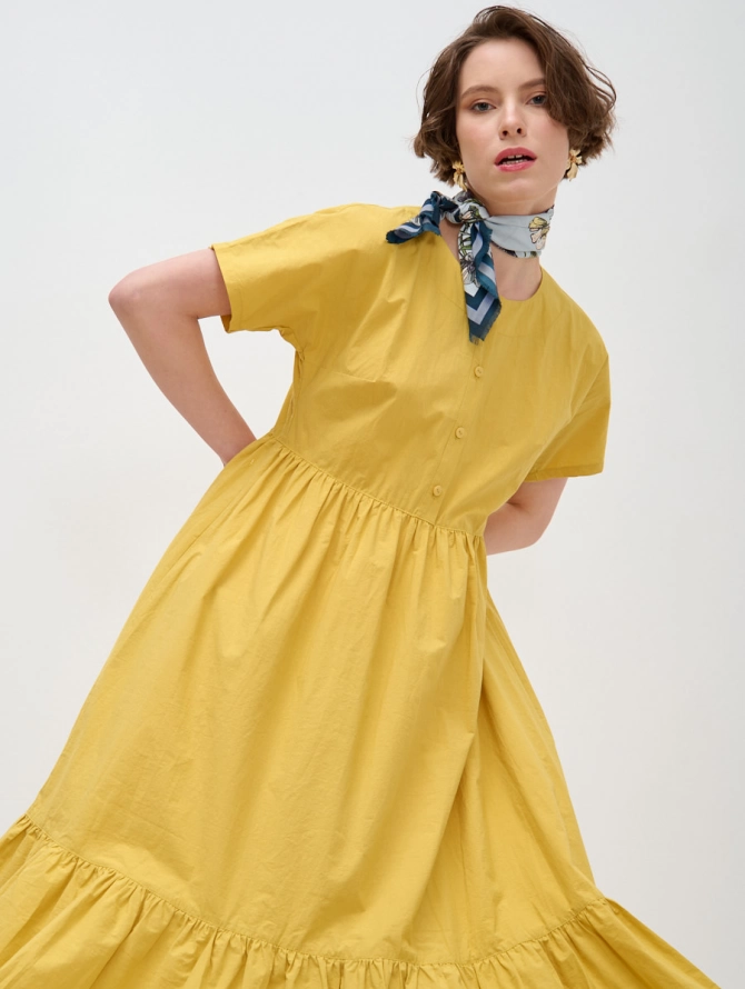 Платье хлопковое миди со спущенной проймой и воланом, цвет горчица