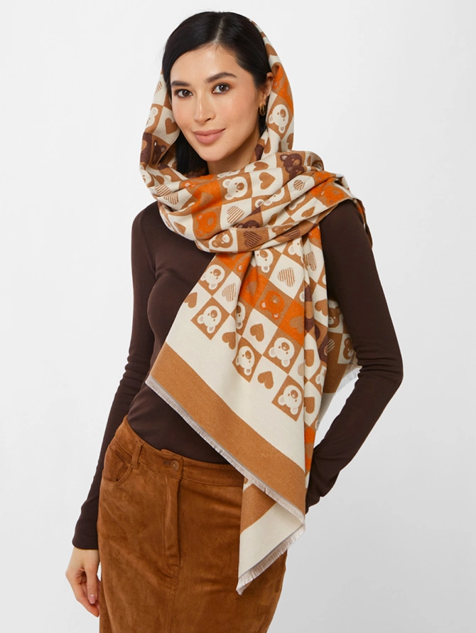 Палантин женский в клетку с мишками и сердцами