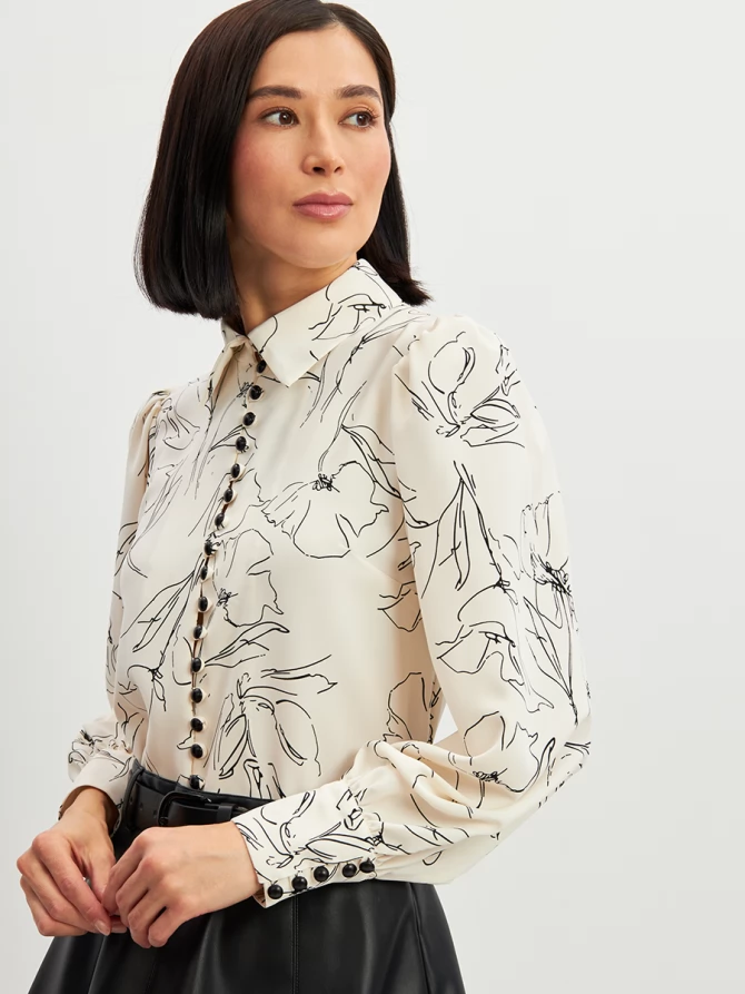 Блузка с принтом OD-639-29 белая черный цветок
