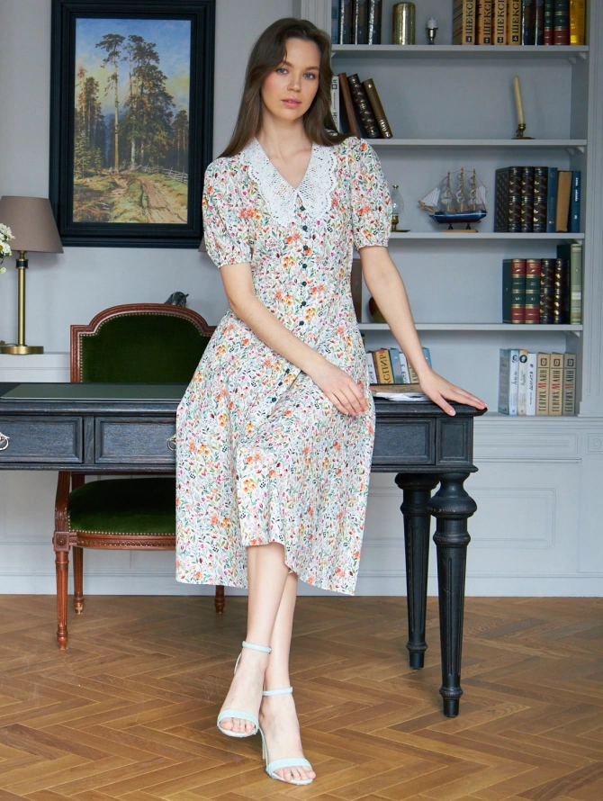 Платье из хлопка с кружевным воротником, цветочный принт OD-948-1