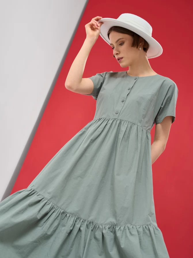 Платье хлопковое удлиненное с воланом