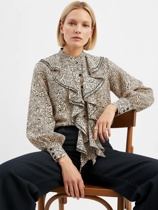 Блузка с отлетными рюшами OD-914-5 бежевый с черным