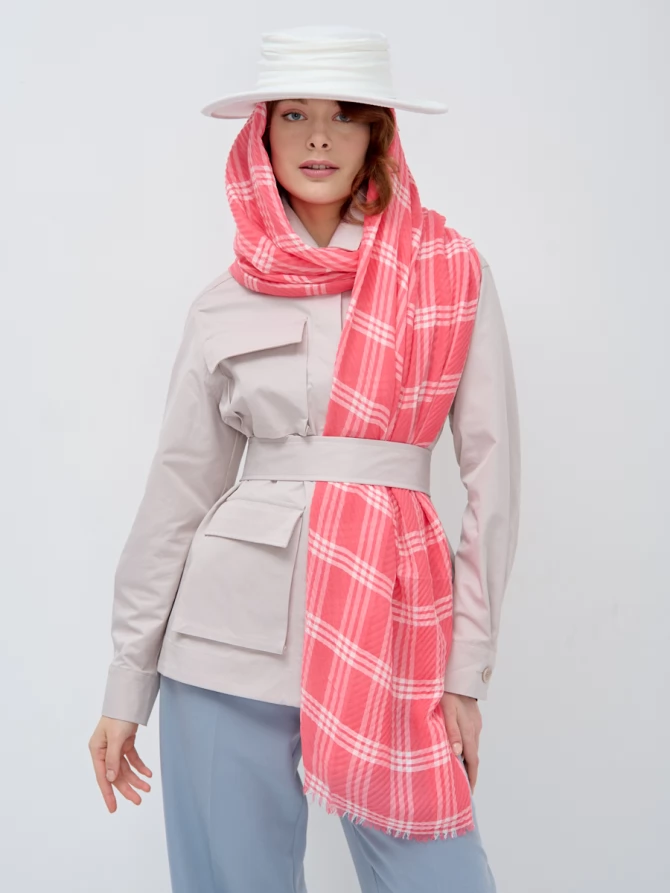 Палантин в клетку коралловый 90*180 см