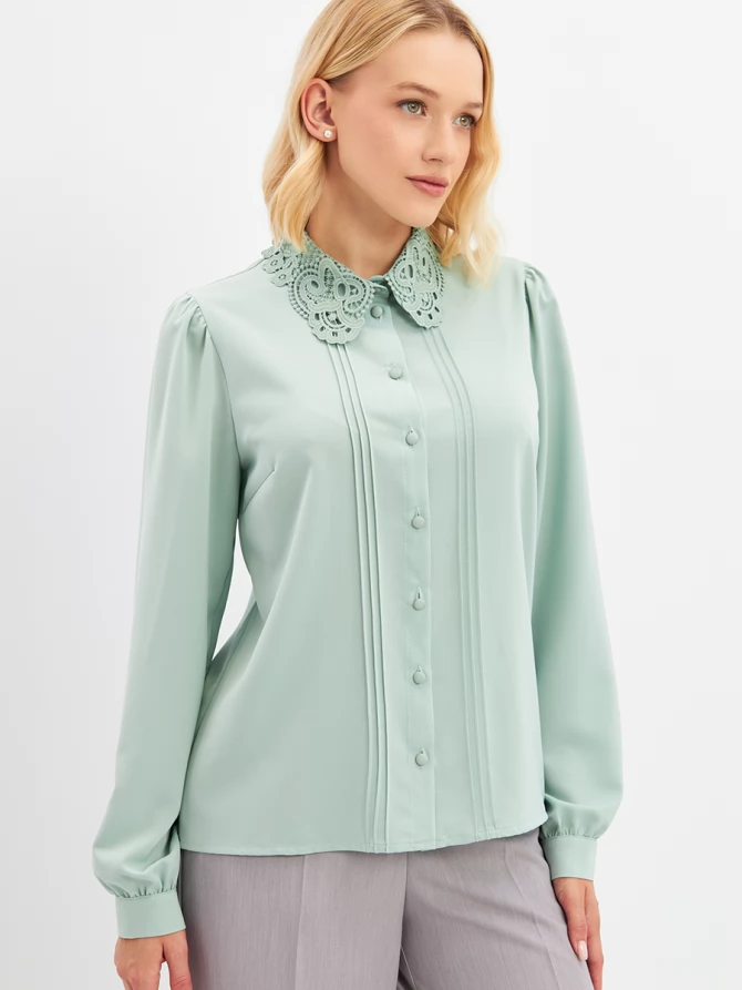 Блузка с воротником из кружева и защипами OD-913-4 св.зеленый