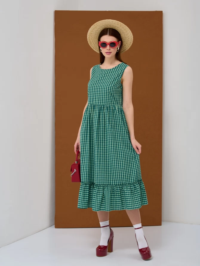 Платье из хлопка в зеленую клетку OD-792-3