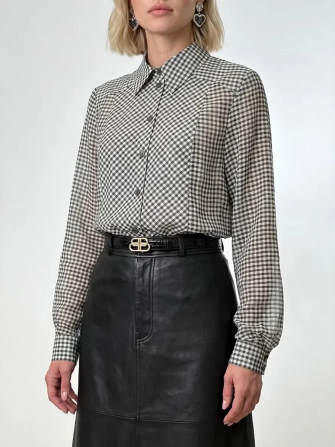 Блузка из органзы в клетку OD-984-2 коричневый с белым