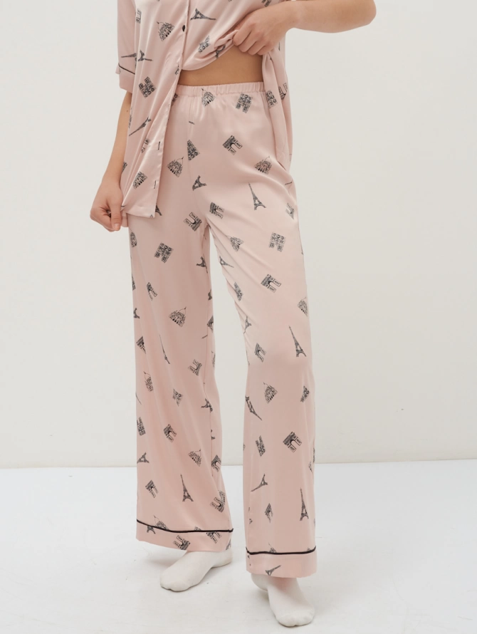 Брюки прямые из армани-шелка с парижским принтом