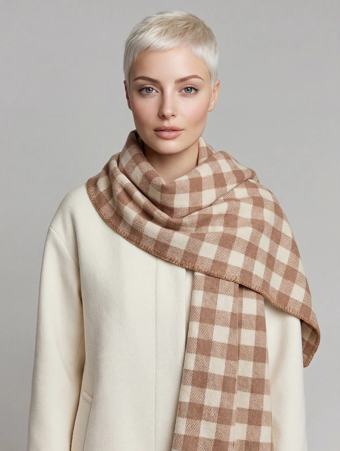 Палантин теплый женский в клетку со звездами