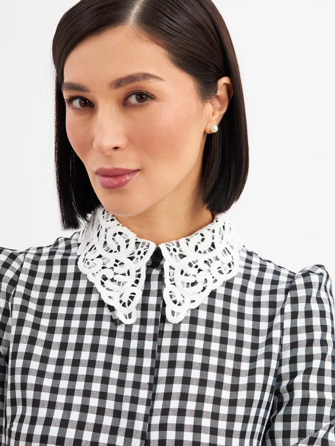 Платье с кружевным воротником потайная планка OD-886-2 ч/б клетка