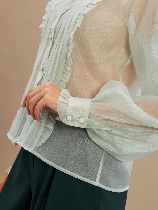 Блузка из органзы со сборкой OD-928-3 серо-зеленый