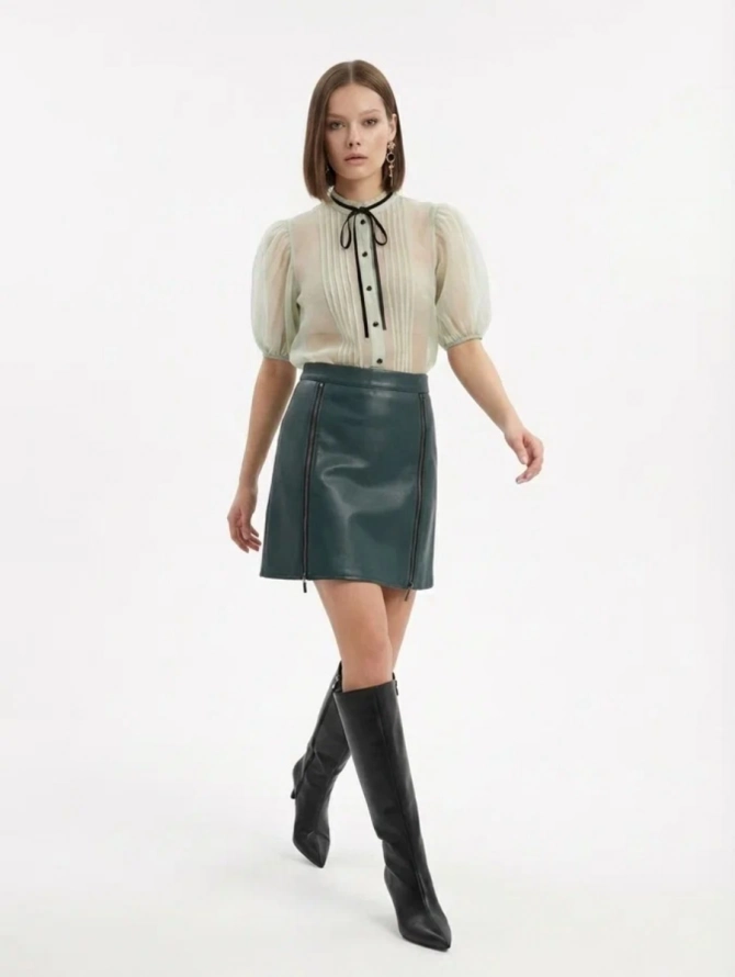 Юбка короткая из эко-кожи с молниями OD-1004-2 зеленый