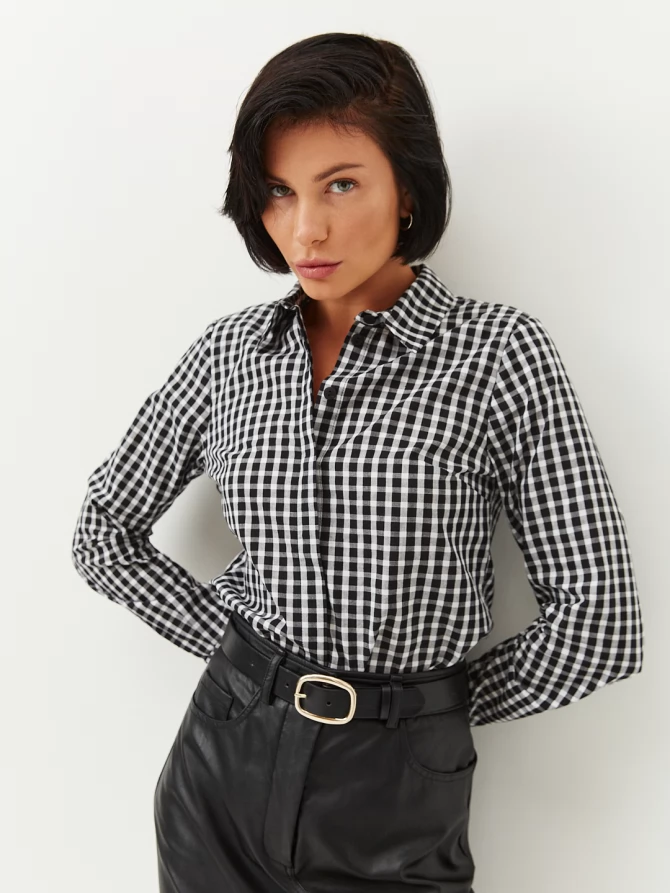 Блузка классик с контрастной стойкой OD-737-9 клетка черно-белая