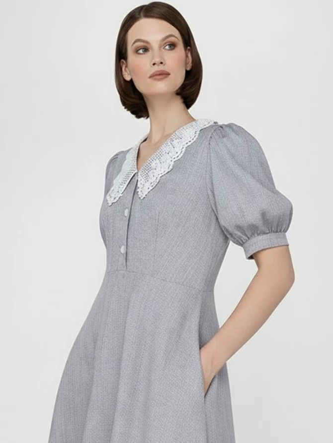Платье с кружевным воротником  OD-888-2 св.серый