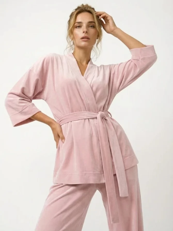 Пижама Кимоно+брюки из велюра, розовый