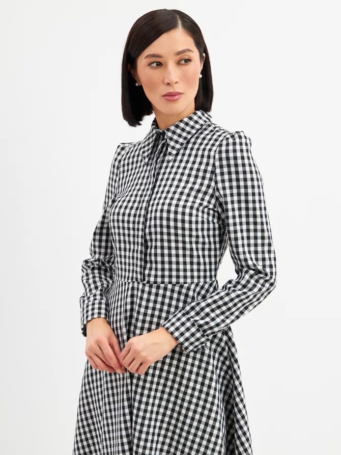 Платье с кружевным воротником потайная планка OD-886-2 ч/б клетка