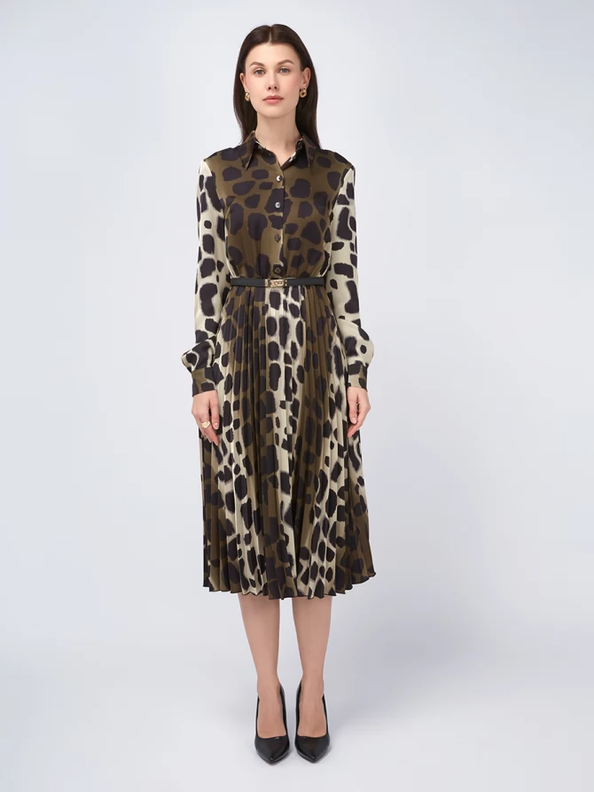 Платье с юбкой плиссе OD-883-1 леопард коричневый с хаки