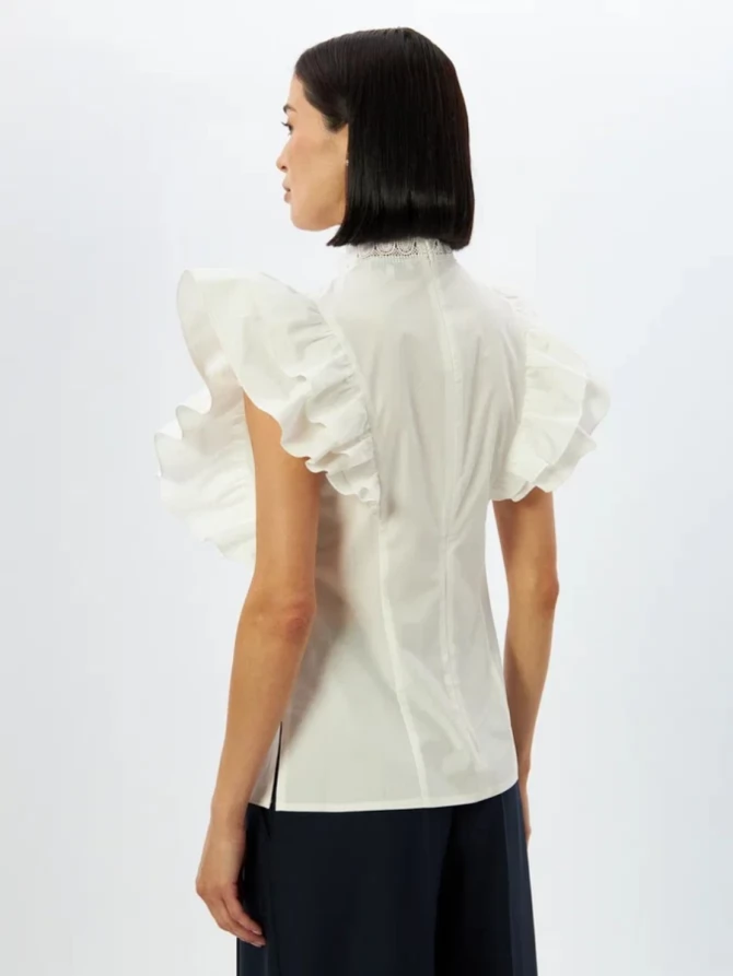 Блузка из хлопка с кружевным воротником и рукавами-крыльями, белая