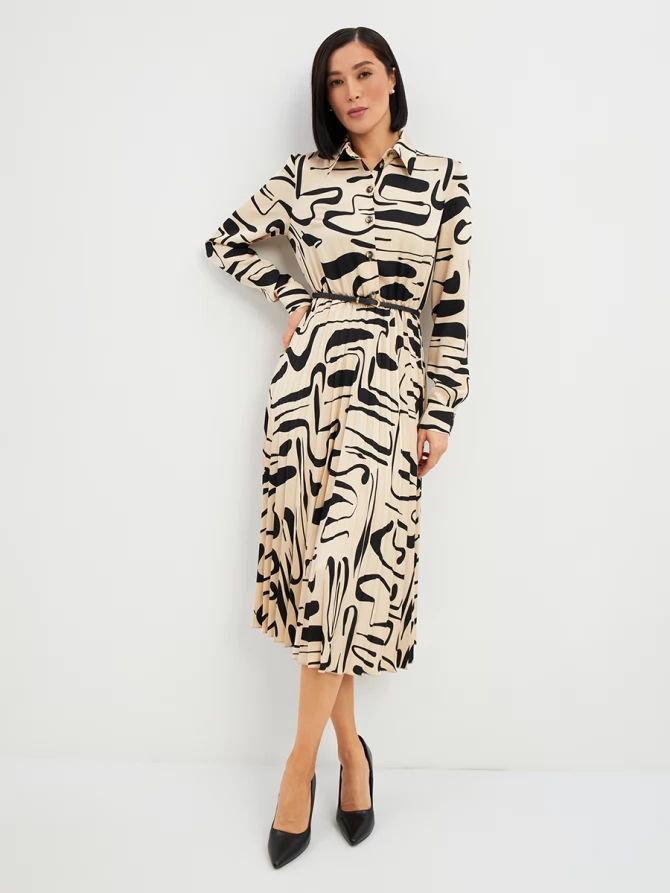 Платье с юбкой плиссе OD-883-3 бежевый с черными разводами