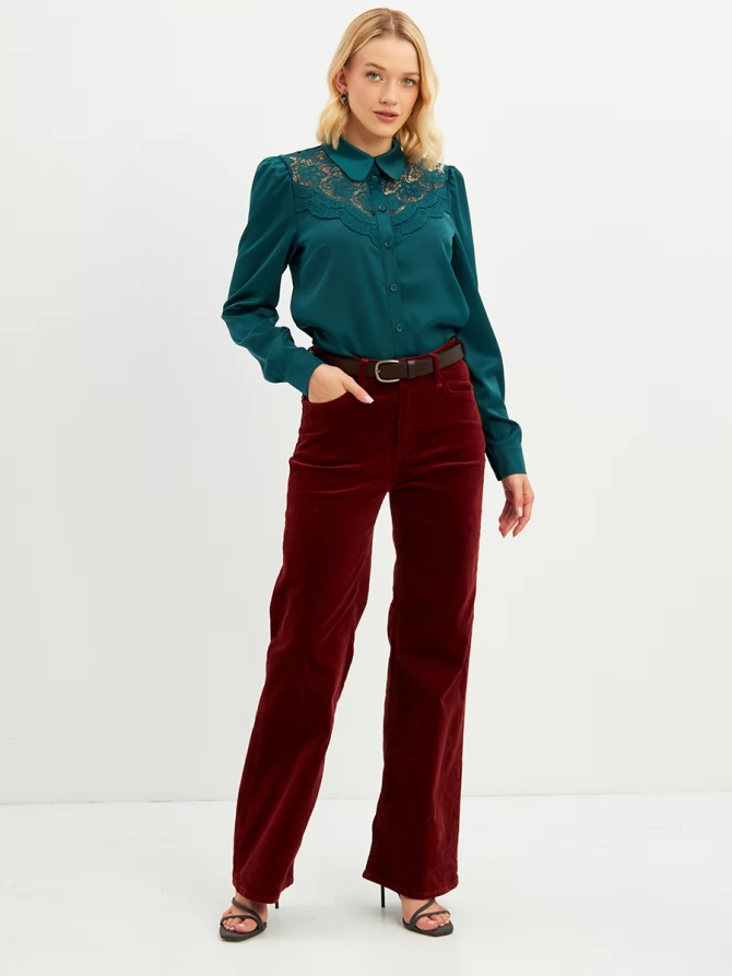 Блузка с кружевом на полочке OD-892-1 т.зеленый