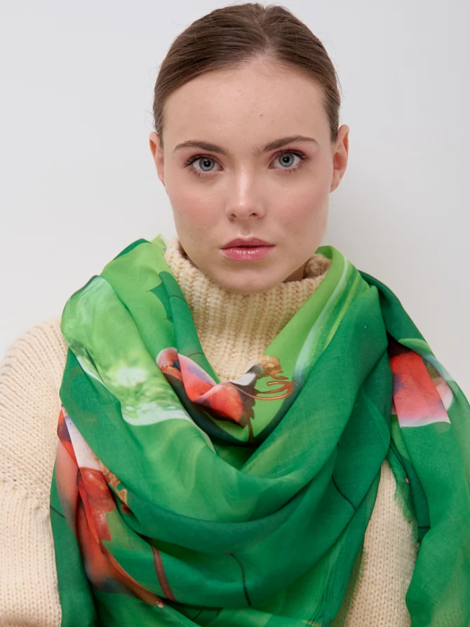 Платок женский двусторонний с принтом Арт-деко и бахромой