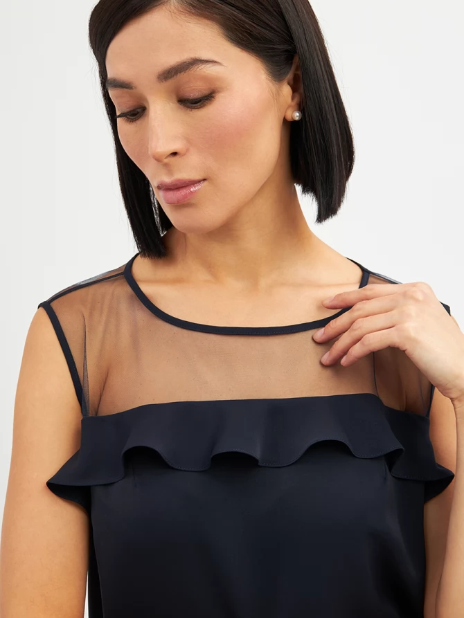 Блузка без рукавов с сеткой и воланом OD-992-2 т. синий