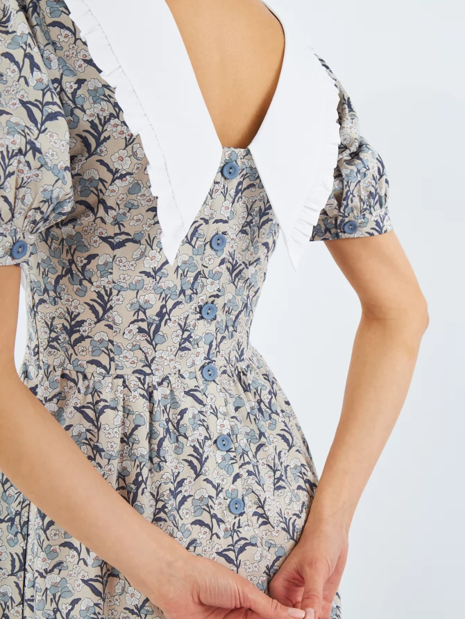 Платье из хлопка с большим контрастным воротником OD-935-3 цветы на бежевом