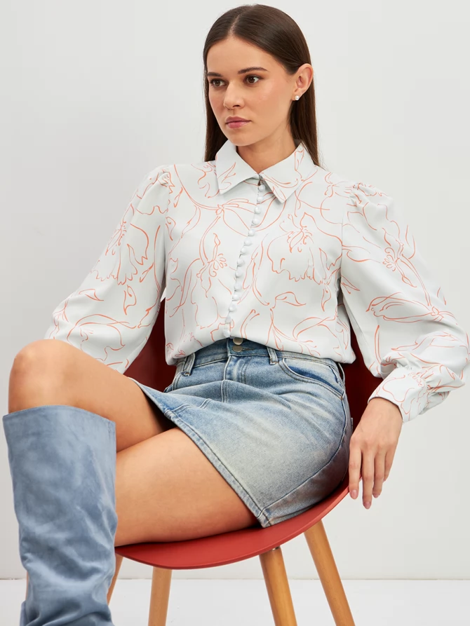 Блузка с принтом OD-639-26 голубая оранжевый цветок