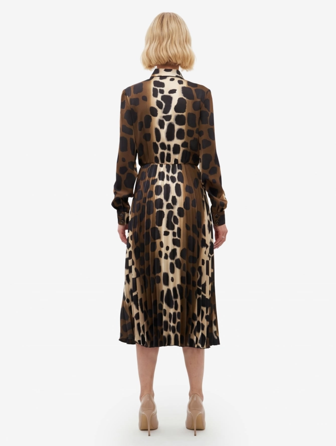 Платье с юбкой плиссе OD-883-1 леопард коричневый с хаки