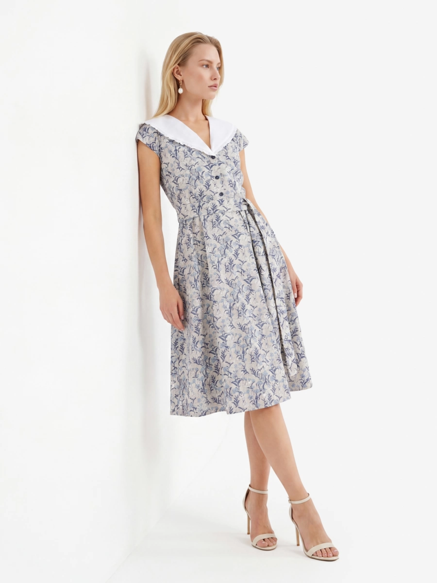 Платье из хлопка с белым воротником, цветочный принт на бежевом OD-720-9